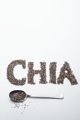 Chia seeds: on a spoon and lettered against a white background
