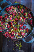 Homemade chocolate bark with goji berries and pistachios