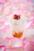 Jam with cream, meringue and rose petals