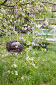Flowers in nest made from birch branches hung from apple tree