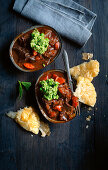 Beef ragout with pea purée and puff pastry