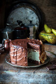 Chocolate cake with pear and baked blue cheese cheesecake layer