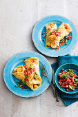Curry crepes with shrimps and tomato salsa