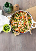 Prawn, pea and barley risotto with lemon minted fetta