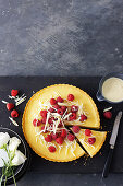 White chocolate custard tart with raspberries