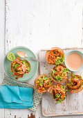 Barbecued prawn and corn tortilla cups