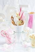 A bubble waffle with candy canes and meringues