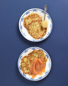 Potato pancakes with salmon and apple sauce