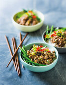 Chinese spiced mince on rice with green beans