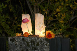 Romantic candle lanterns made from sandwich bags, tealights and flowers