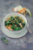 Vegetable soup with roasted kale and roasted buckwheat