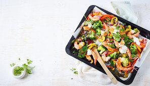 Pepper and lime prawns on a baking tray