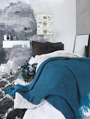 Mural on wall in bedroom in shades of grey