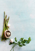 Mushrooms, green asparagus and herbs