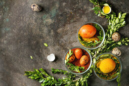 Colored yellow orange eggs in spices with quail eggs, yolk and green branches