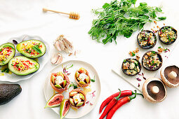 Avocado Cups, Stuffed Fig Flowers and Cheesy Baked Mushrooms