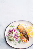 Crispy salmon with apple and cabbage remoulade