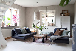 Dark blue sofa set in living room in muted shades