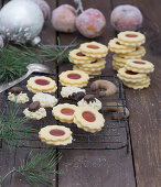 Blood orange jam biscuits, shortbread biscuits and chocolate curls