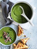 Spilt pea soup with ham and cheddar jaffles
