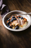 Blueberry and white chocolate bread and butter pudding