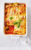 Lasagna with meatballs, sliced