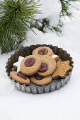 Linzer Plätzchen (nutty shortcrust biscuits topped with jam) and cinnamon stars in a vintage tart tin in the snow