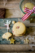 Stack of festive turkish delight biscuits with reindeer decoration as a gift