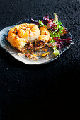 Lamb, cinnamon and date filo pies with honey pistachio dressing