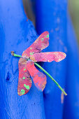 Dragonfly made from painted sycamore seeds on blue branch