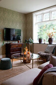 Round glass table in classic living room