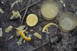 Bergamot and lemon juice with vintage spoons on a gray background