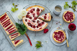 Three cakes and pastries with rhubarb