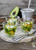 Avocado with a lime and yoghurt dip and honeyed pistachios