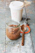 Chocolate coffee cream with chia seeds in a jar