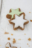 Cinnamon stars with white and green icing