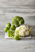 Fresh Brussels sprouts, Romanesco, cauliflower and broccoli