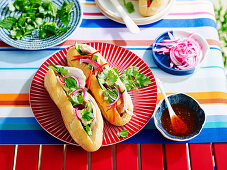 Vietnamesische Sandwiches mit Schweinefleisch, Chilisauce, Zwiebeln und Koriander