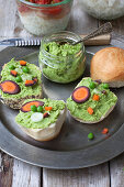 Pea hummus with carrots and spring onions