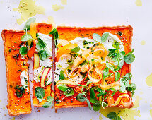 Gluten-free caramelised carrot tart with carrot-top salsa verde