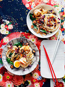 Mixed mushroom noodles with tea-marbled eggs