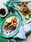 Grilled calamari skewers with seaweed