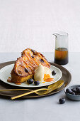 Blueberry brioche French toast with caramelised honey and mint