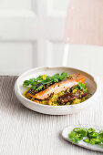 Spiced salmon with coconut and cashew cauliflower rice