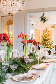 Festively set table in classic dining room