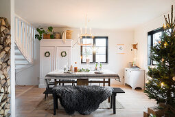 Simple decorated table in festive dining room