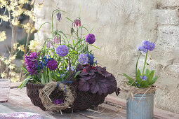 Frühlings-Korb blau und lila bepflanzt