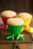 Lemon muffins in colourful plastic cases with legs
