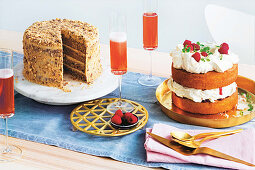 A layer cake with nuts and and an Eton Mess cake with lemon and raspberries