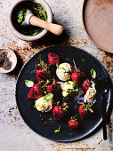 Grilled Strawberries and cream with pepper and basil